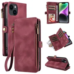 Multi - pocket Leather Wallet Case with Flip Handbag Strap and Zip Pouch - Xiaomi 12 Lite (Red)