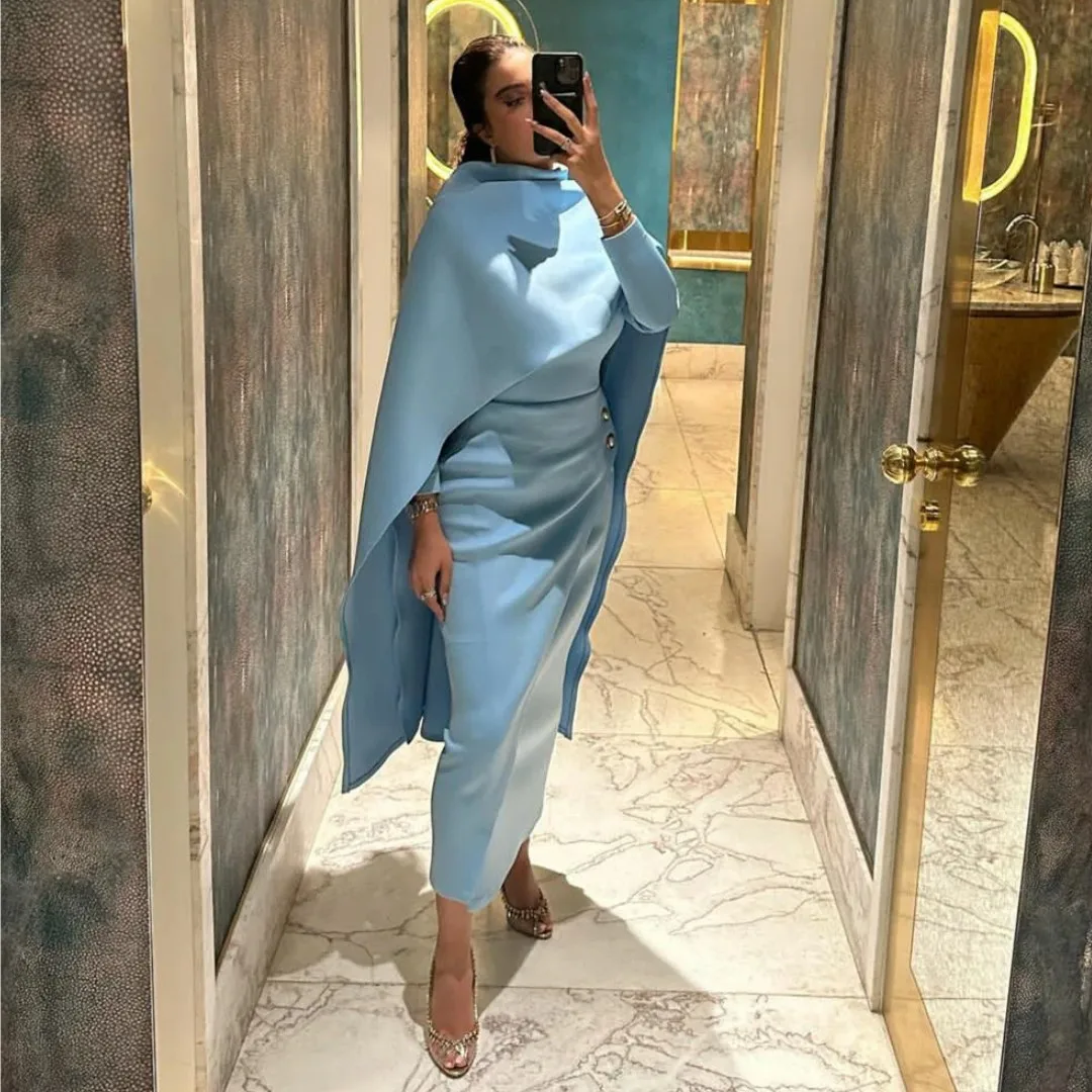 Ankle Length Dresses Women Wear Evening Party Gowns Saudi Arabia Long Sleeves Prom Dress with Wraps Zipper Back Robe Des Soiree kaunissina tulle a line evening dresses blue prom gowns floor length celebrity party dress robe de soiree custom size