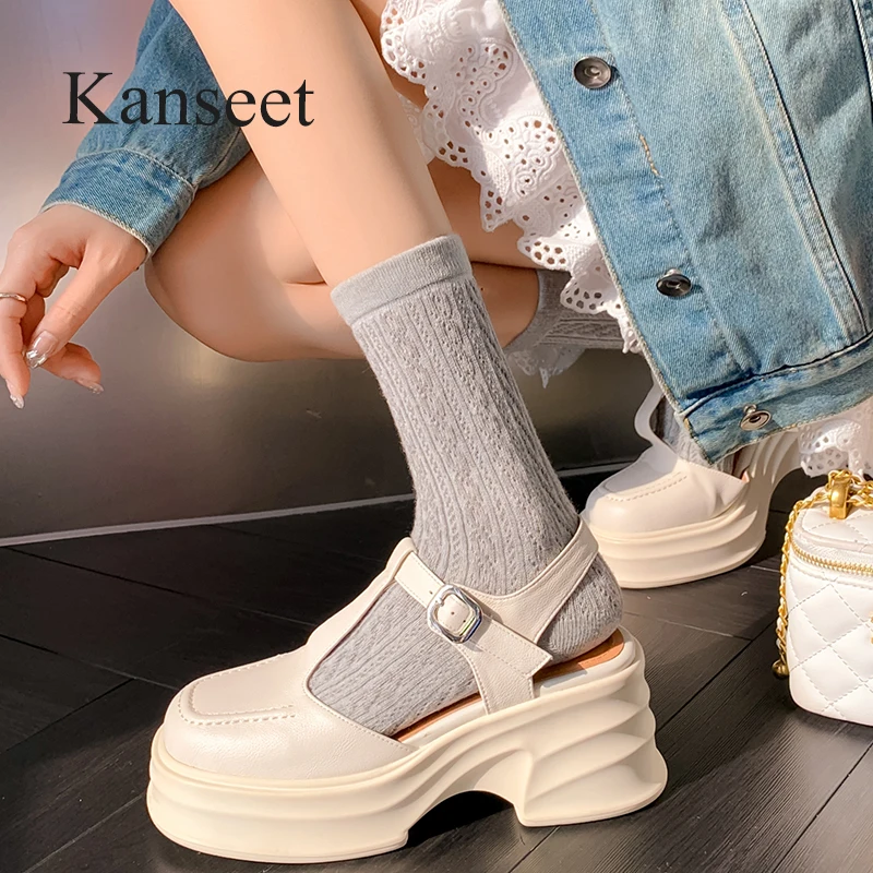 

Kanseet New Shoes Summer Round Toe Platform Women's Sandals Genuine Leather Buckle Strap Handmade Dress Thick High Heels Sandal