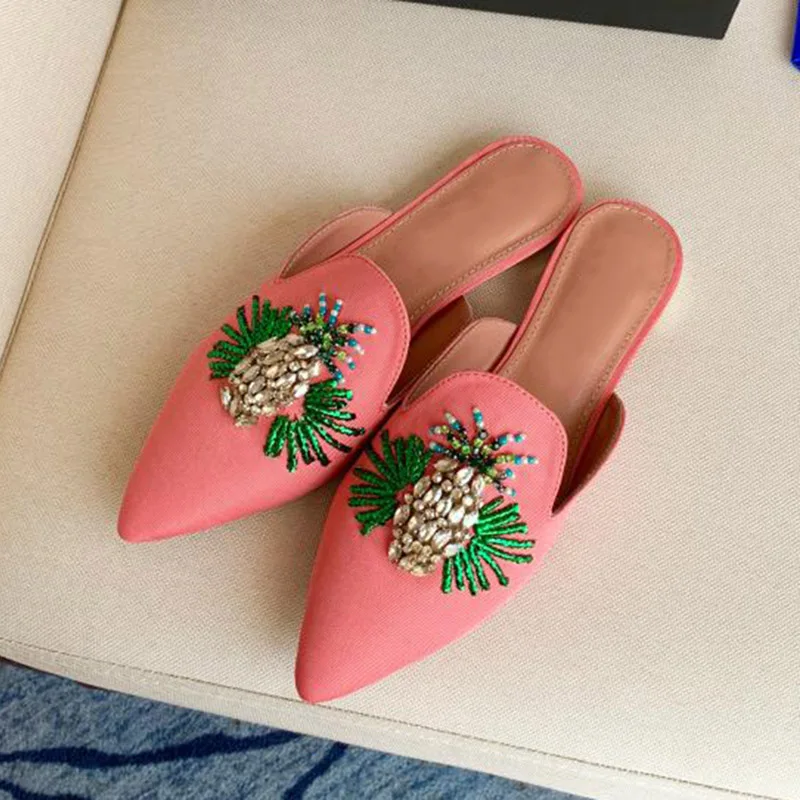 Personalized Pointed Toe Design Women's Slippers 2022 Spring And Summer Beaded Straw Cord Hand Sewn Upper Flat Muller |