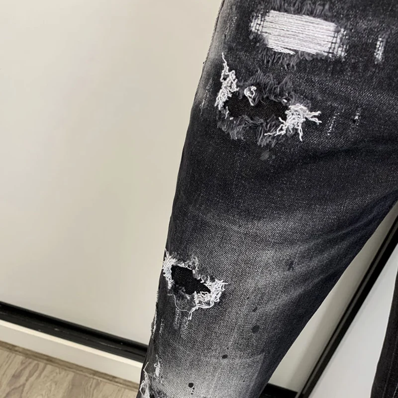 Street Fashion Men Jeans Retro Black Gray Elastic Stretch Slim Fit Hole Ripped Jeans Men Patched Designer Hip Hop Brand Pants