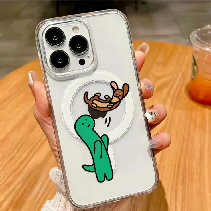 Playful Dinosaur and Sausage Dog MagSafe Magnetic Phone Case - Cute Cartoon Design Cover