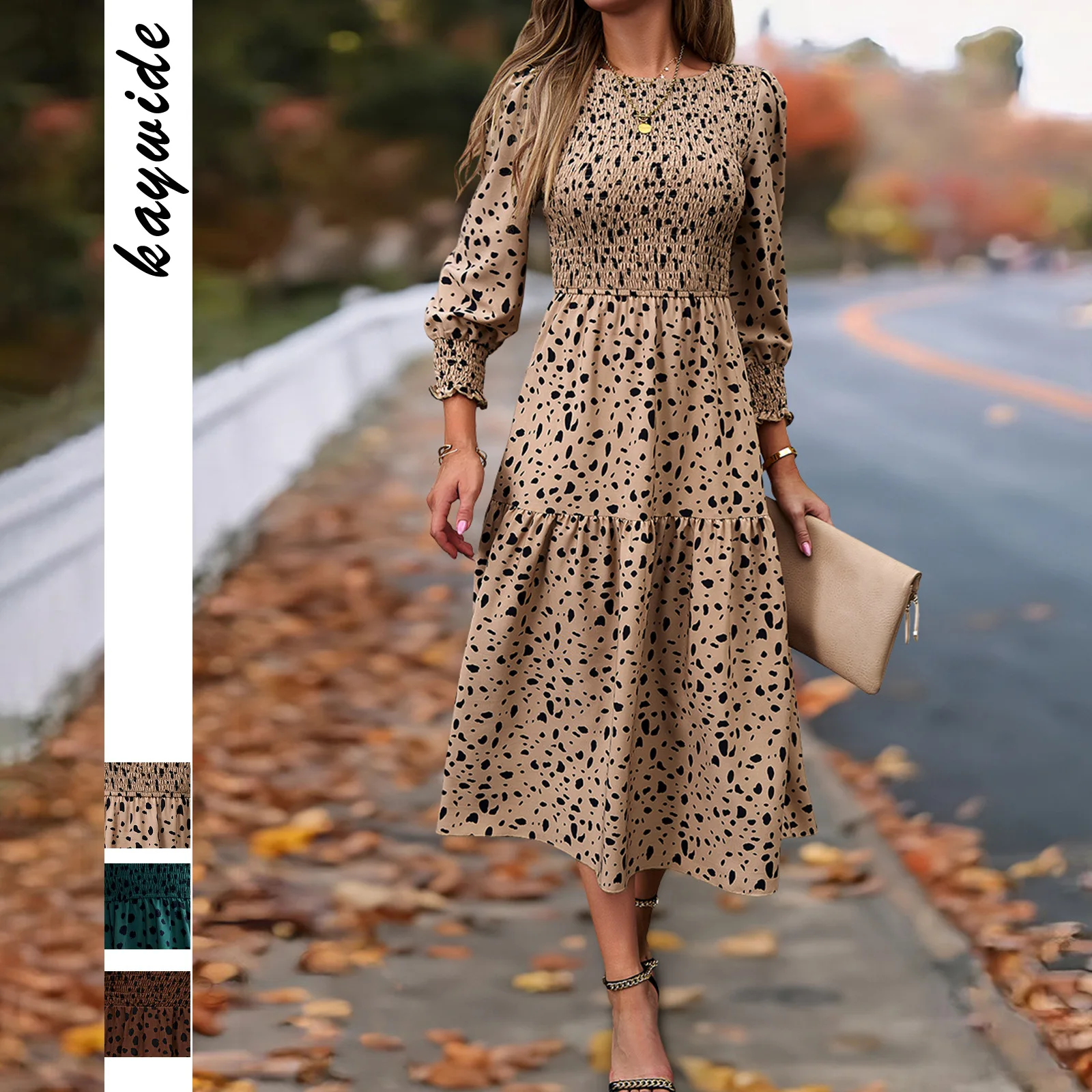 High Quality 2024 Elegant Long Sleeved Round Neck Tie Up Dress Pleats Elastic Round Neck Dress Vestidos Evening Dresses Vintage