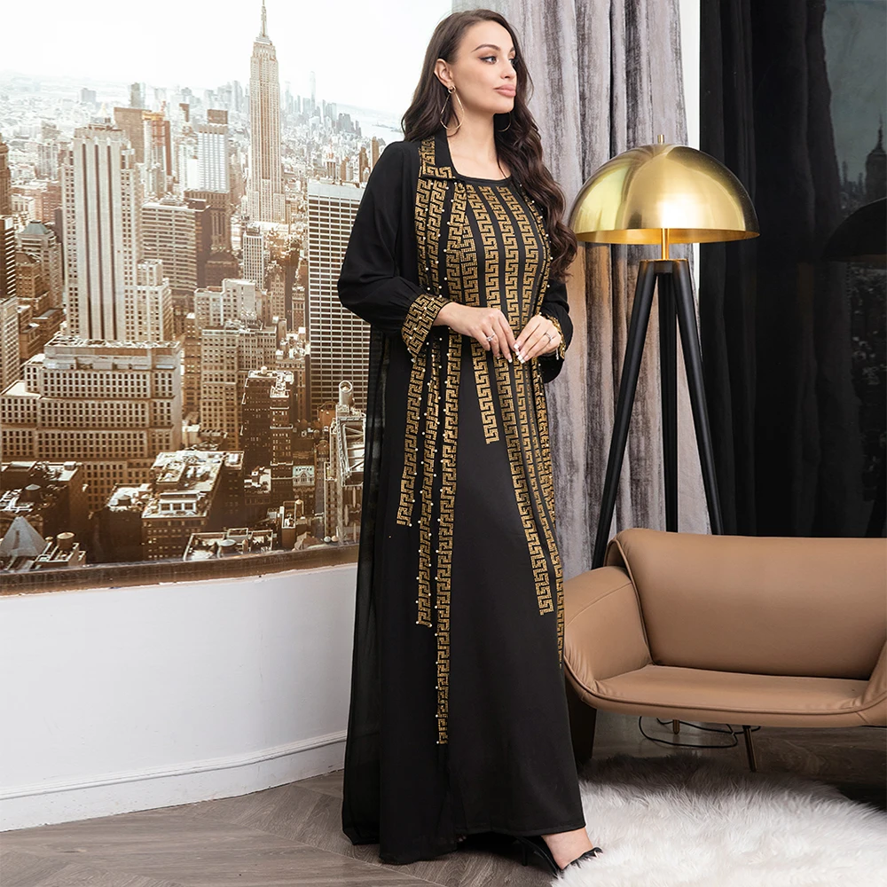 Fridayin Muslim Ramadan Elegant Contrast Color Bead Decorated Long Sleeve Party Women's  Long Skirt and Jacket Two Piece Set