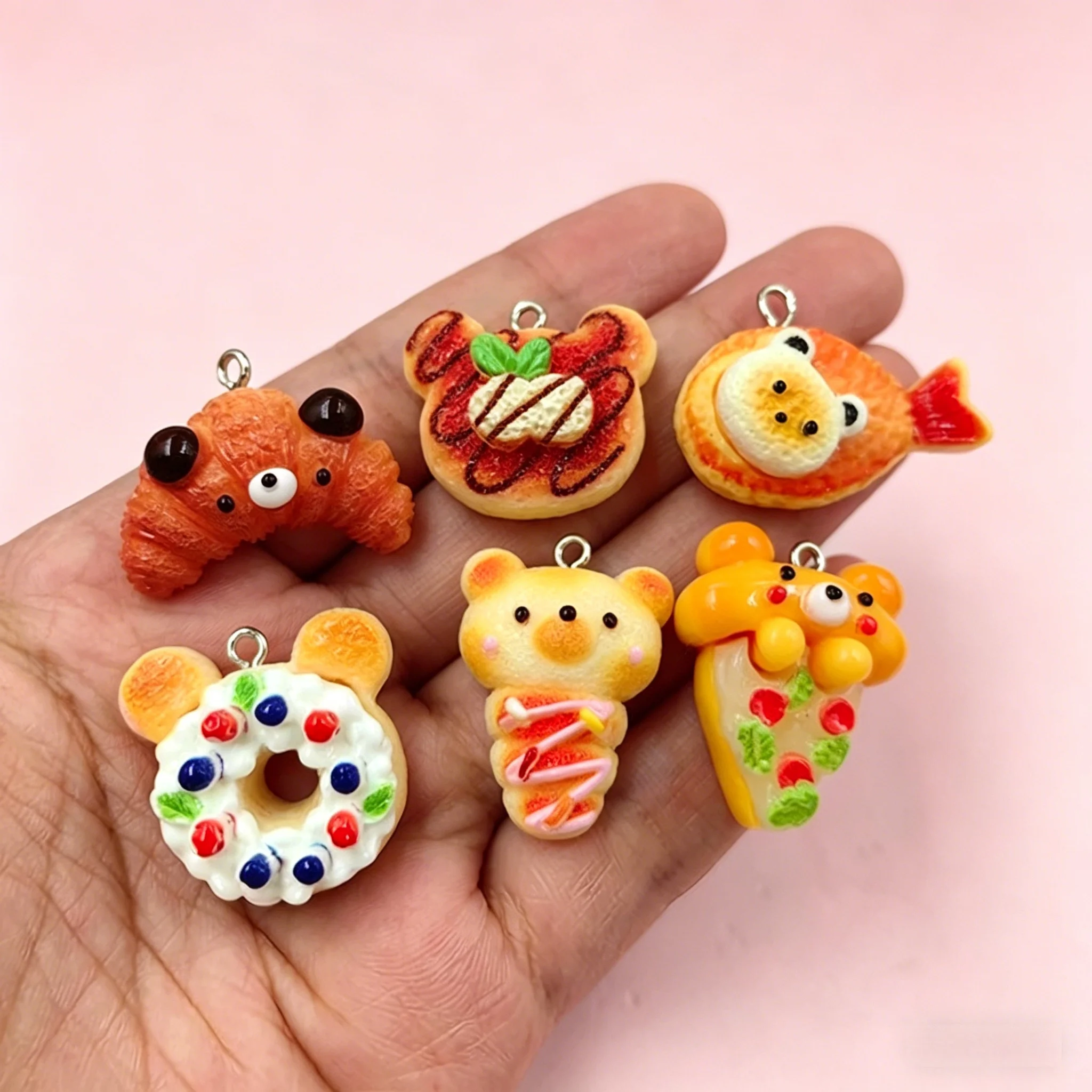 10개 귀여운 동물빵 레진 참, 귀여운 곰, 물고기, 음식 펜던트, DIY 키체인 쥬얼리 제작용