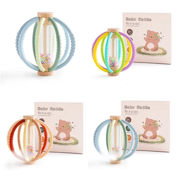 Hochet Sensoriel en Bois pour Bébé, Tambour de Pluie en Silicone, Soins Dentaires pour Nouveau-Né, Gomme Anti-manger, Main Molaire, Bâton Cadeau 1