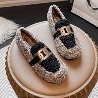 Black/white Mixed Color Lambwool Winter Shoes Woman Brand Metal Chains Curly Fur Flats Women 41-43 Big Size Plush Cotton Loafers 1