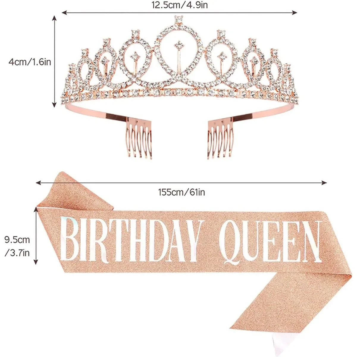 Gold Silver Glitter Birthday QueenTiara & Sash for Women Glitter Crystal Crown Sash Set Birthday Party Decor Favor Gift