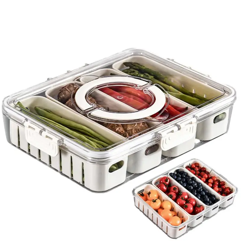 

Divided Serving Tray with Lids Handle 4 Removable Colanders Snackle Box Charcuterie Container for Portable Snack Platters