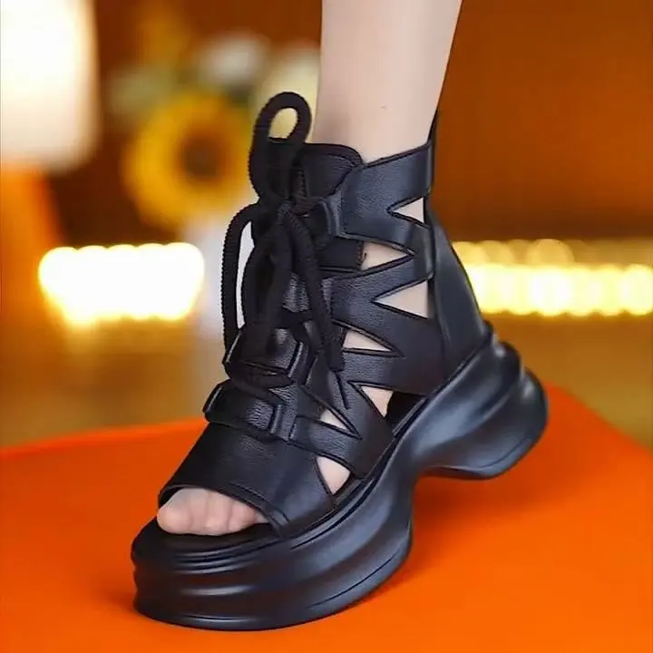Breathable Hollow Sandals2025Summer New Lace-Up Open-Toe Thick-Soled Sandals for Women Fashionable Platform Sole