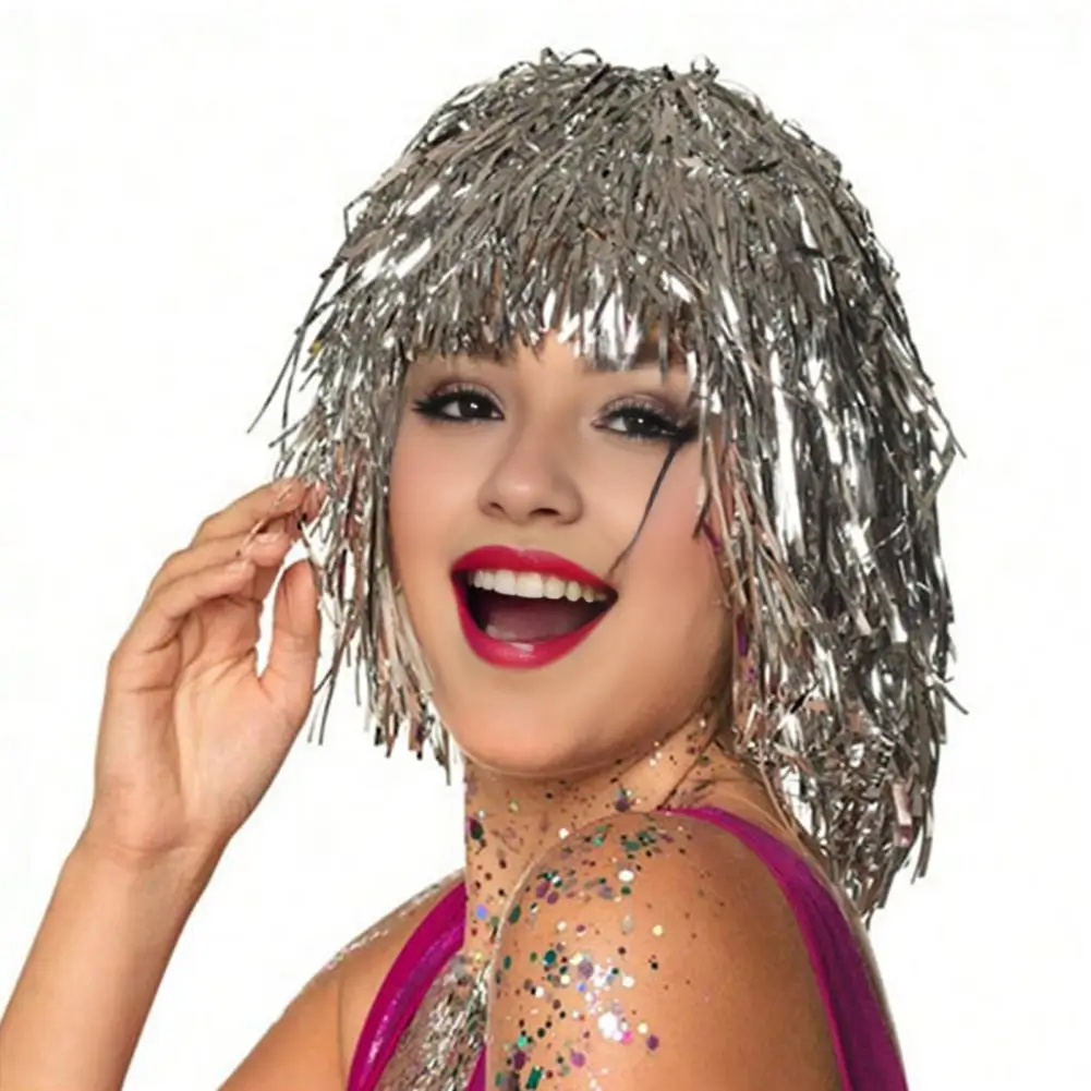 Funny Party Wig Cosplay Disco Shiny Cosplay Party for Adults Festive Decoration with Foil Tinsel Funny for Fancy synthetic wigs
