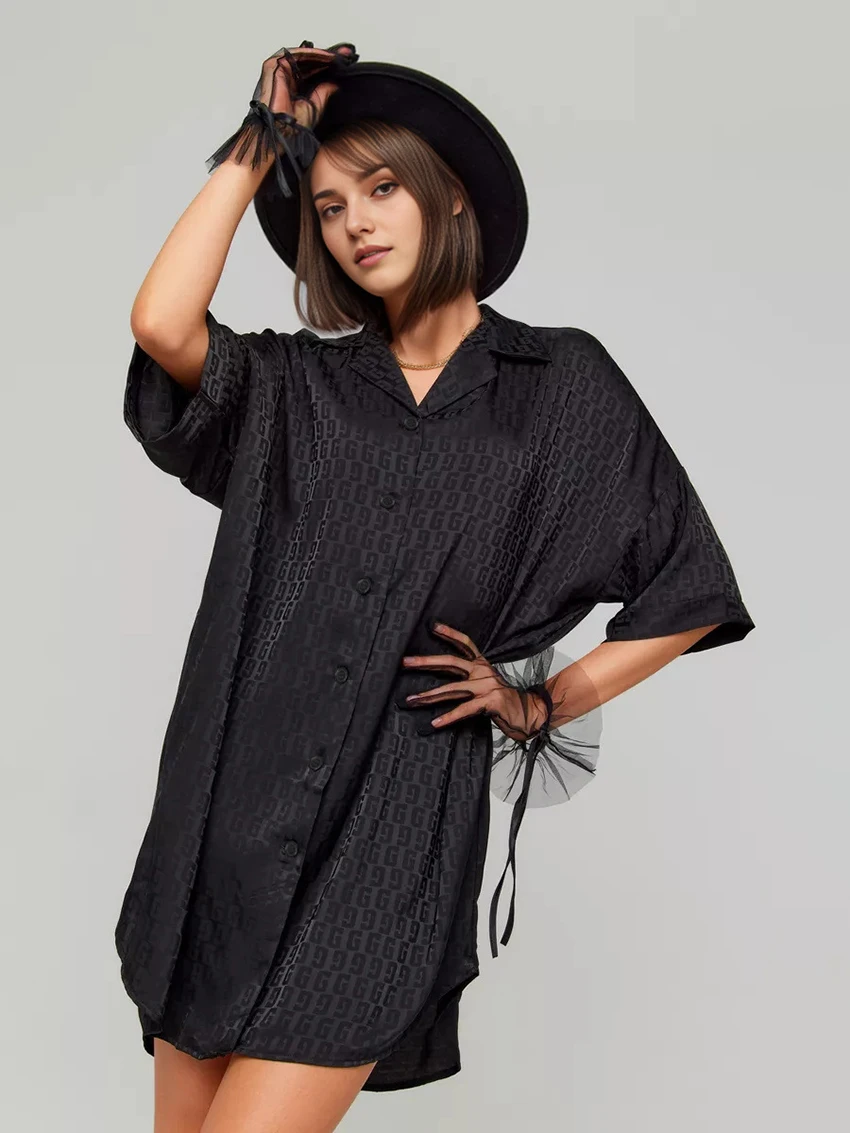 Marthaqiqi Summer New Women'S Nightgowns Sexy Turn-Down Collar Sleepwear Half Sleeve Nightwear Casual Mini Dress Home Clothes