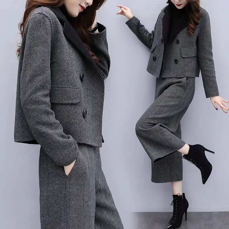 Pants Sets Two Piece Women Wool Cardigan Blazer Thick Button Wide Leg Pants Pockets Solid Casual Suits Outwear Winter 2025