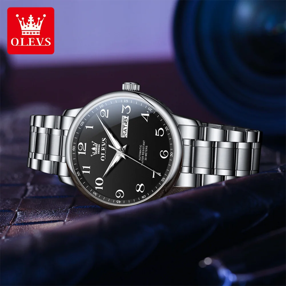 OLEVS 7072 Man Watch Classic Dual Calendar Mechanical Watch For Men Deep Waterproof Luminous Business Male Automatic Wristwatch