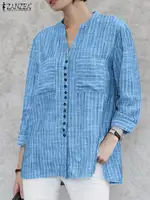 ZANZEA Women Vintage Striped Blouse Summer 3/4 Sleeve Loose Shirt Fashion V-Neck Button Up Tops Elegant Blusas Femme Tunic Mujer - Image 2