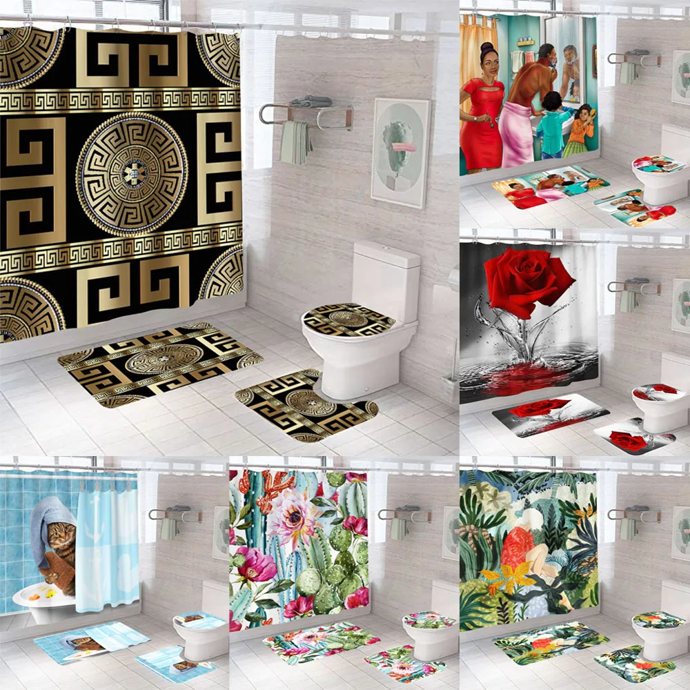 3D Luxury Greek Bathroom Curtains Shower Curtain Set Modern Geometric Ornate Red Rose Bath Rug Toilet Carpet Decor