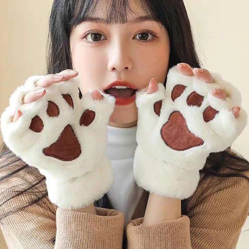 Gants Mitaines Chat/ours Peluche - Beige, Style Kawaii, Hiver Enfant
