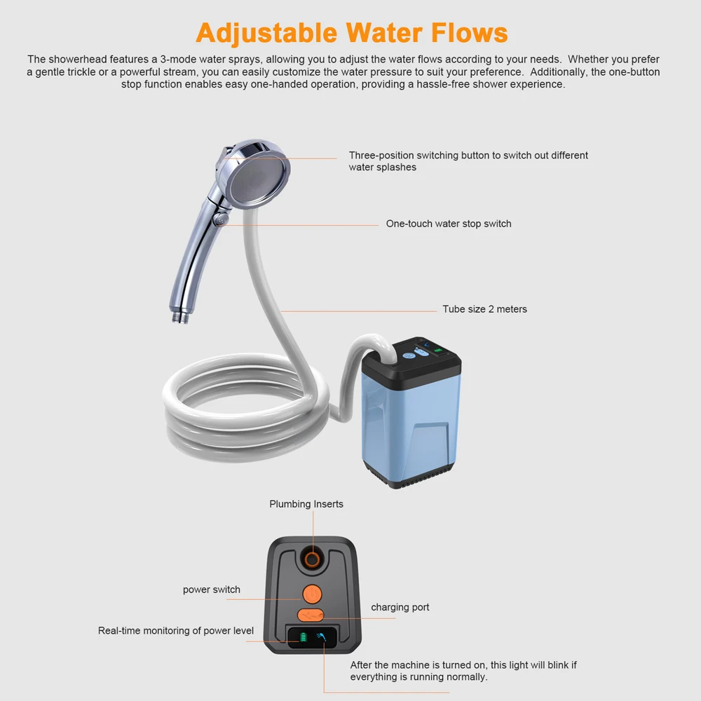 portable camping shower Outdoor Electric Rechargeable Battery Powered Waterproof 3 Water Modes