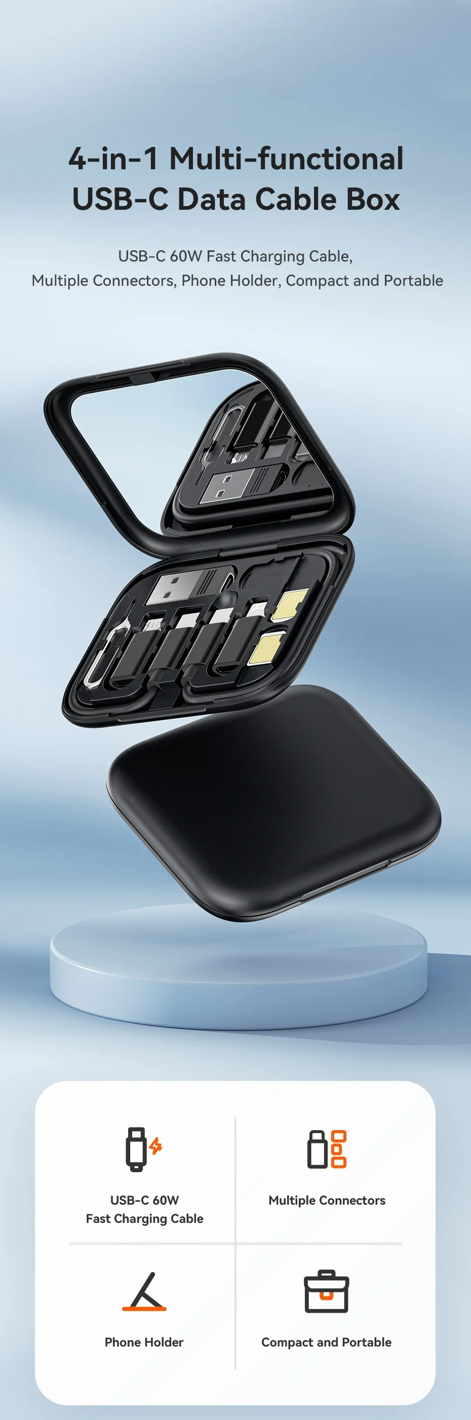 60W USB Type C To USB C Cable 4 In 1 Mini Data Cable Set Storage Box Fast Charging Charger Mobile Phone Holder For Xiaomi Huawei