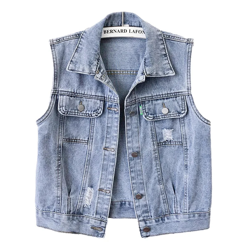 

Korean Vintage Wash Blue Holes Pocket Denim Vest Women Loose Short Waistcoat Cowboy Sleeveless Jacket Coat Jeans Vests Female