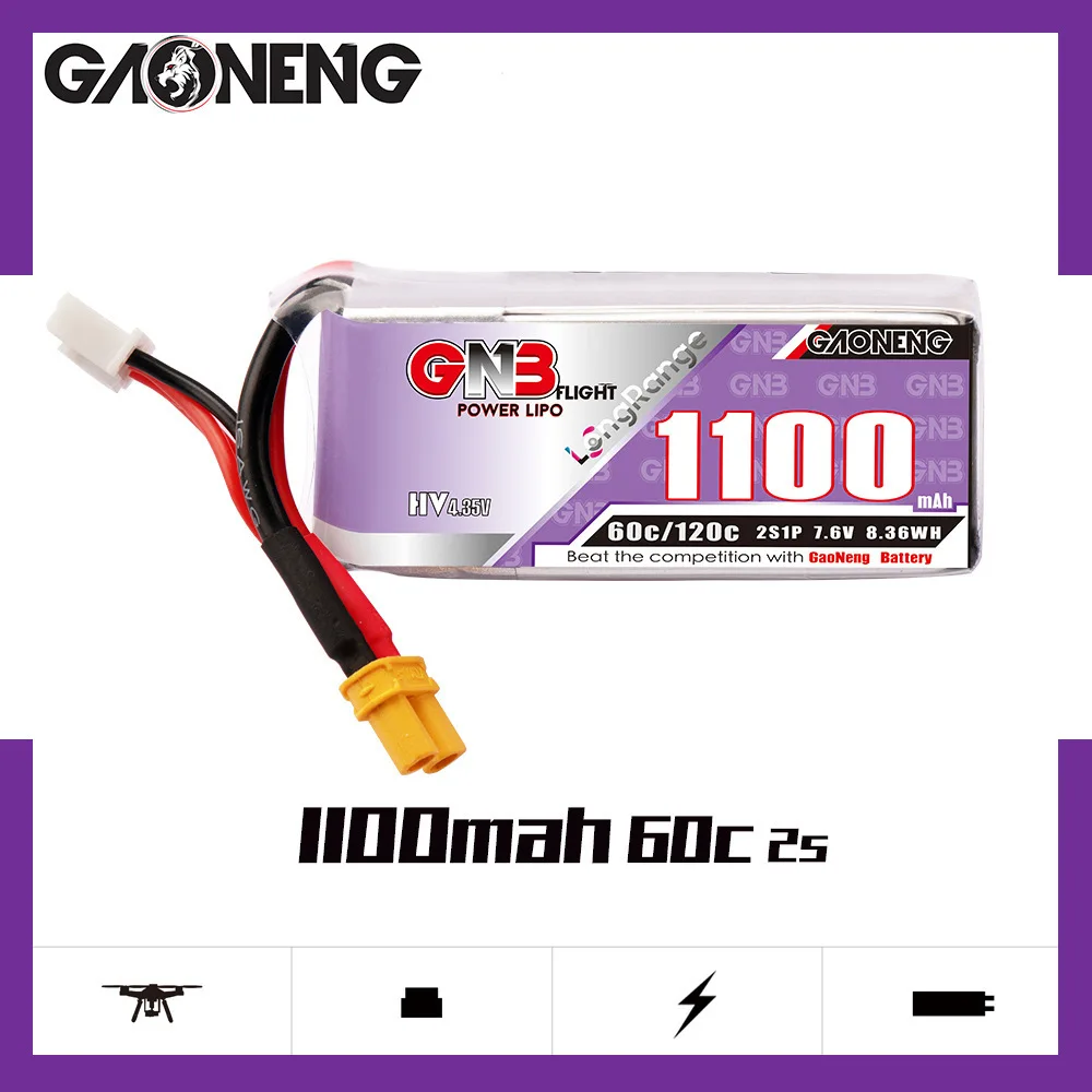 GNB Lipo Battery 2S 7.6V 1100mAh 60C/120C With XT30 Plug for Racing Drone FPV Quadcopter Helicopter Airplane Parts Hobby