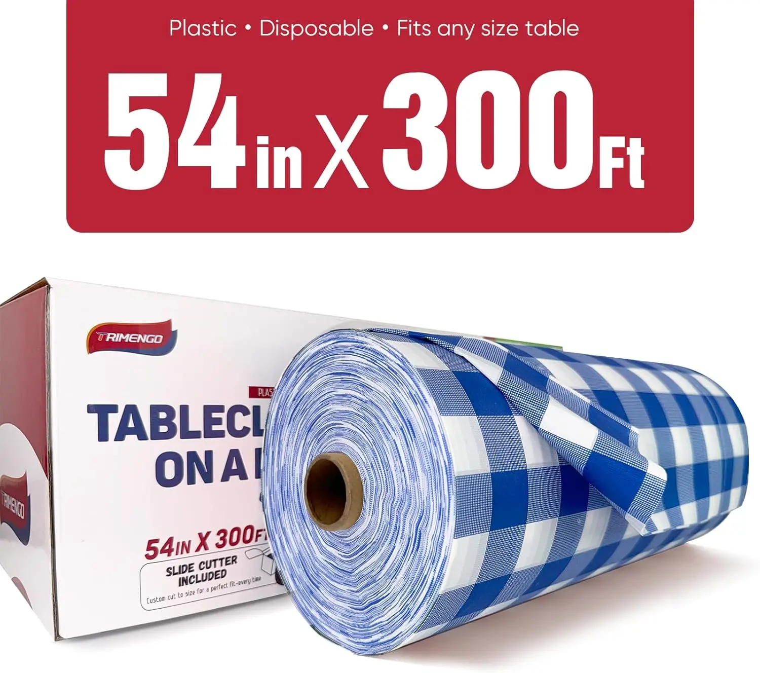 54in x 300Ft Blue Gingham Plastic Table Cloth Roll with 18 Pcs Stainless Steel Clips, Disposable Table Cover Roll