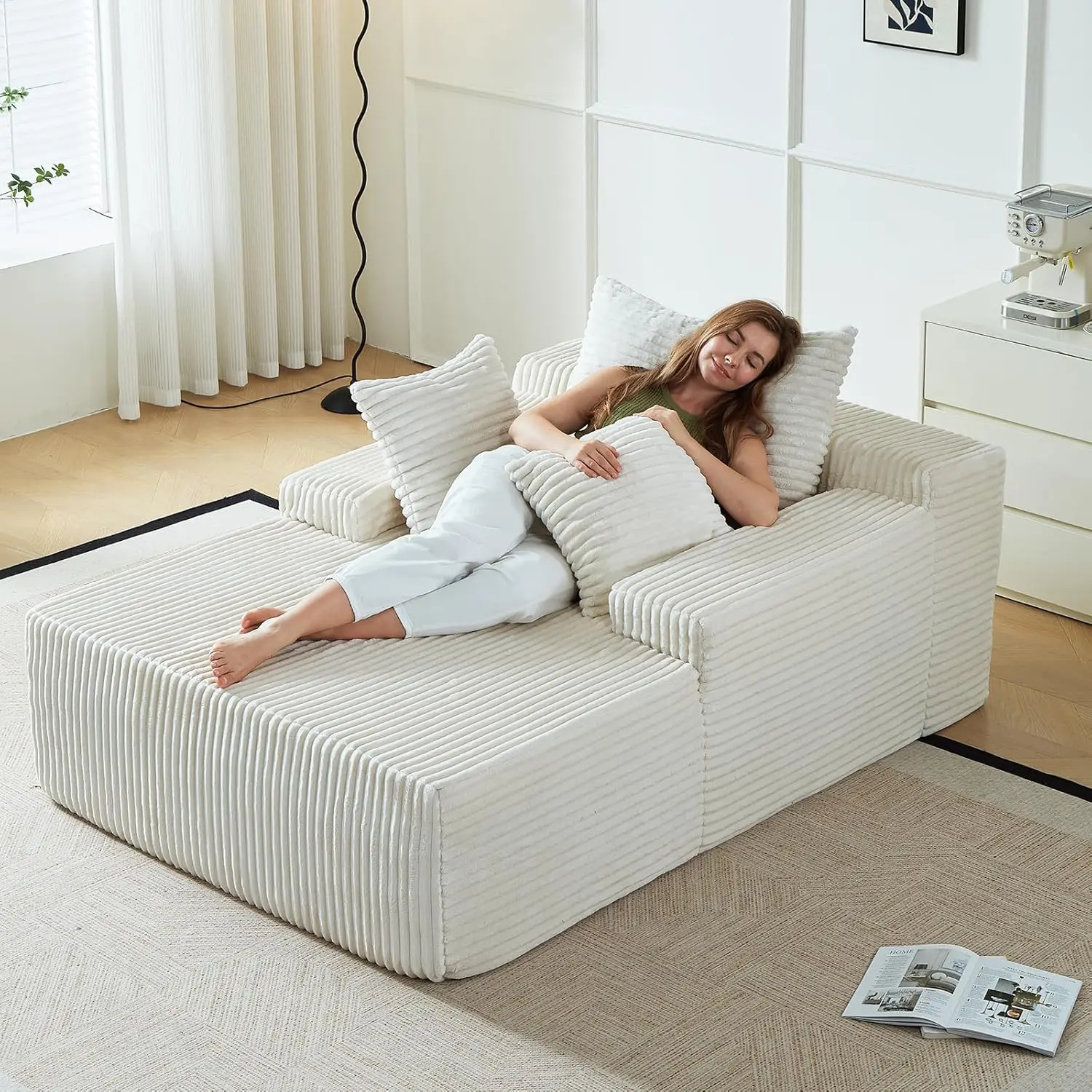 67 Inch Chaise Lounge Chair Indoor, Oversized Upholstered Boneless Sofa Bed, Corduroy Deep Seat Sleeper Couch, Customized