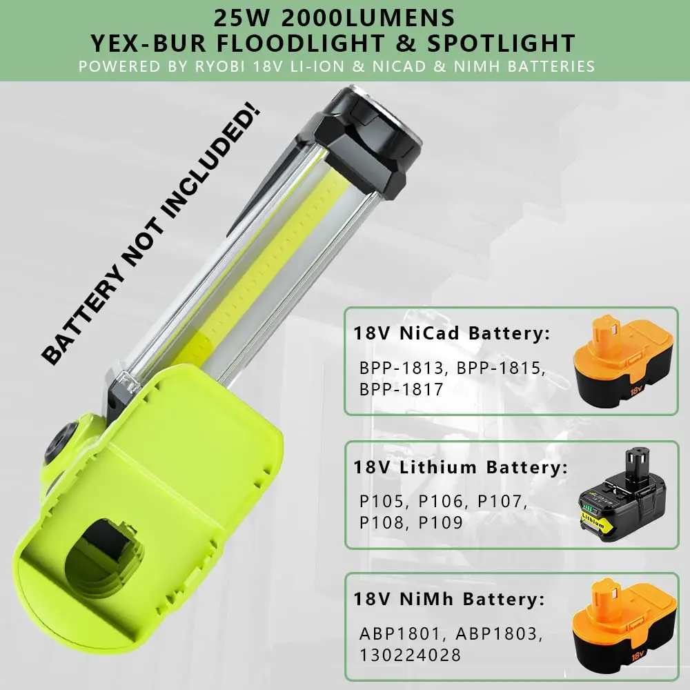Flashlight Cordless Powered Spotlight 25W 2000LM LED Work Light for Ryobi 18V Li