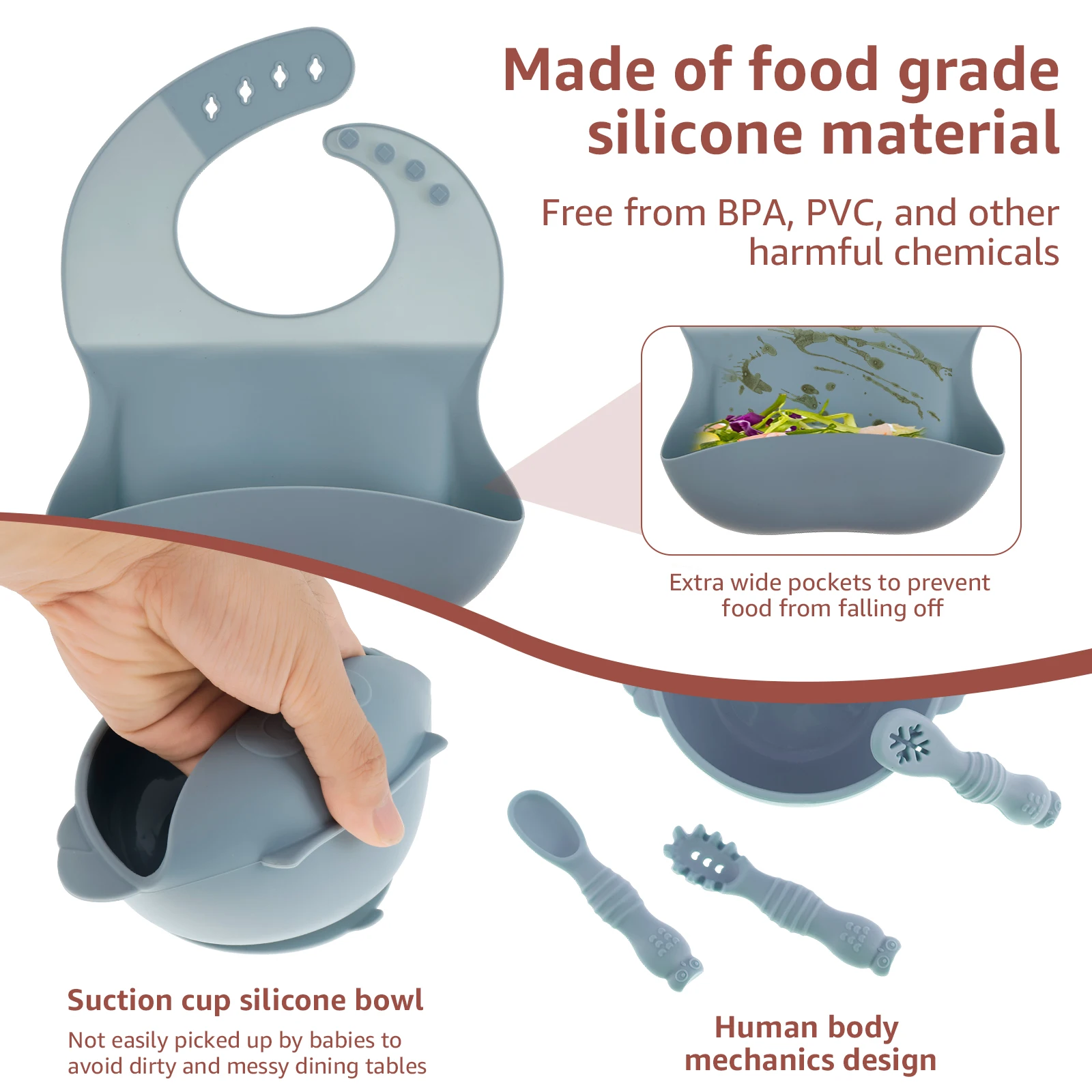 11/5pcs Baby Dining Plate Silicone Tableware Set Toddler Feeding Divided Dinner Tray for Infant Weaning Baby Saliva Dripping Bib