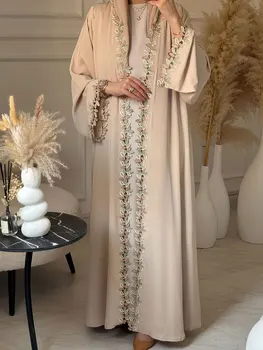 Beige Muslim Abaya Long length Robe with Artistic Leaf Embroidery for Women Seeking a Blend of Traditional and Stylish Design