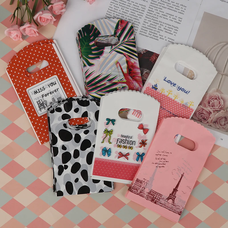 

50Pcs/Lot 9*15cm Various Patterns Mini Thank You Gift Bags Handle Small Plastic Shopping Bags