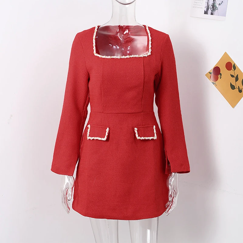 Elegant Tweed Short Party Dress Women Long Sleeve Square Collar Fake Pocket Evening Dresses Autumn Shiny Slim A-line Robes