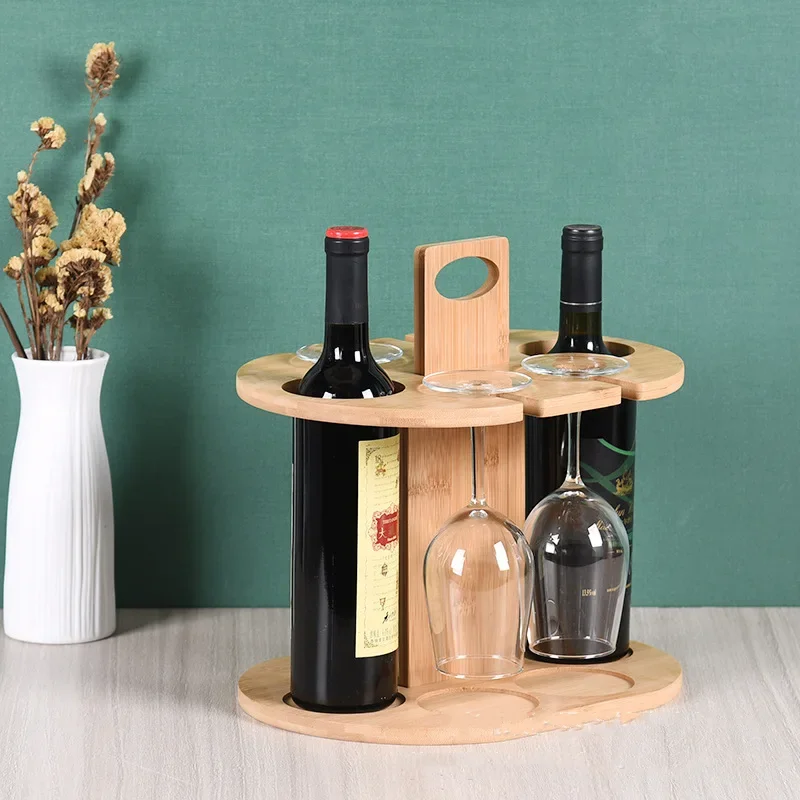 

Natural bamboo Wine Rack Wine Glass Hanging Drying Stand Organizer on Countertop Tabletop Wine 2 Bottle Holder & 4 Glass Rack