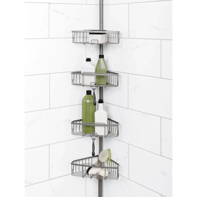 

Zenna Home Satin Nickel Metal Tension Pole Shower Caddy with 4 Basket Shelves, Adjustable 5 - 9 Feet