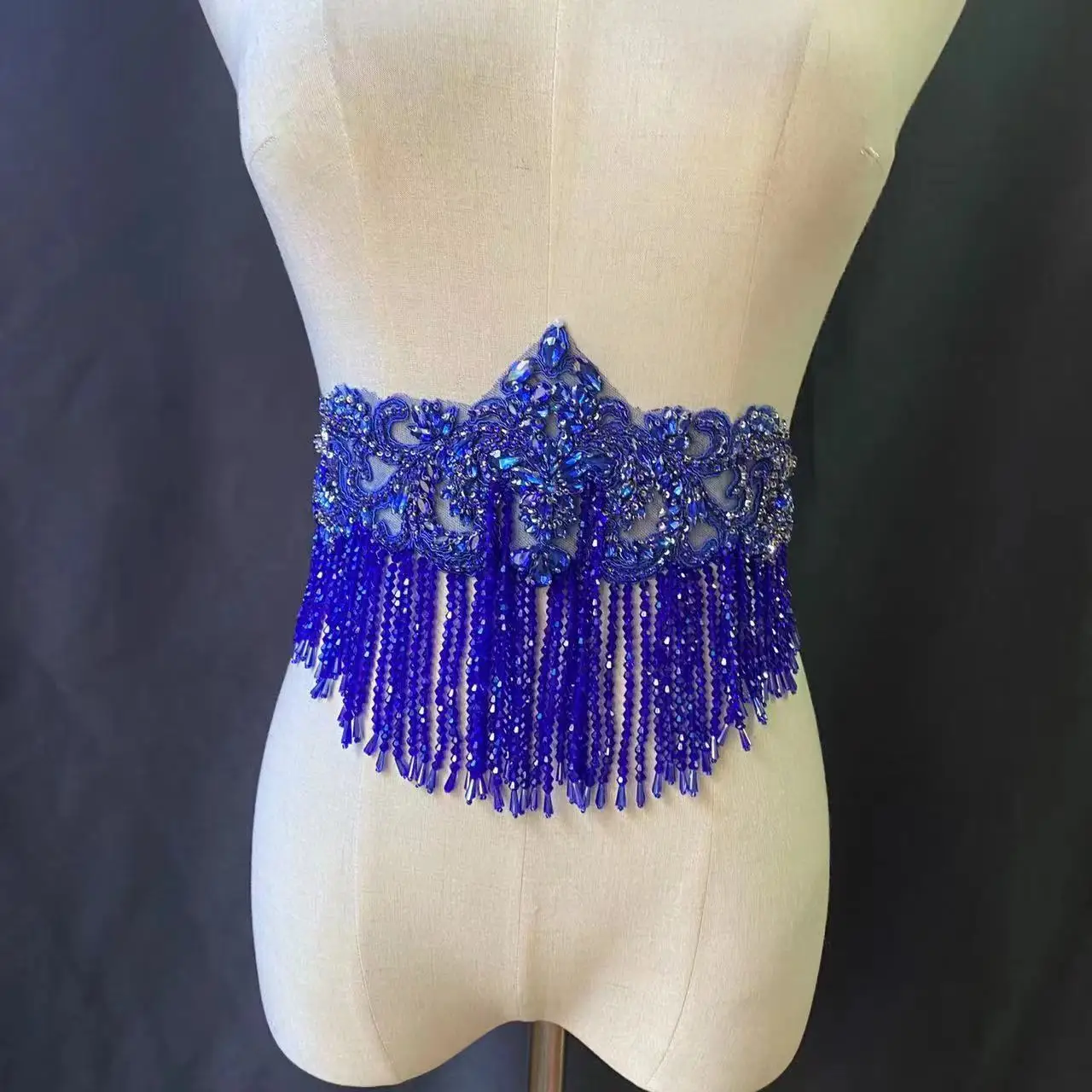 

Blue Shinning French Beaded Rhinestone Fringe Applique Crystal Chain Patch for Full Body Jewelry,Bridal Sash Cape Necklace