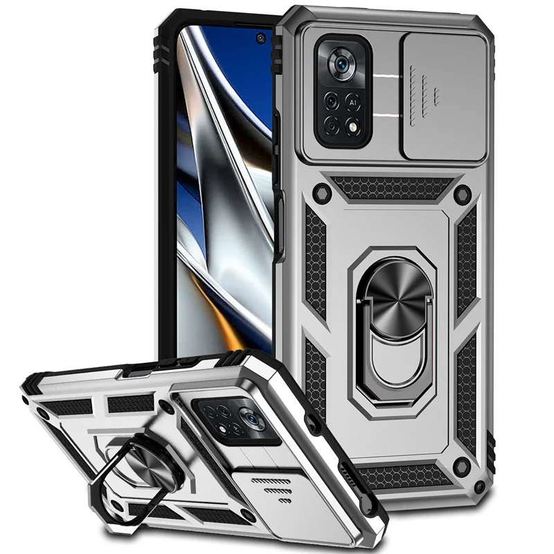 Enhanced Armor Case with Slide Window Lens Protector and Magnetic Holder Ring for Xiaomi Poco X4 Pro 5G