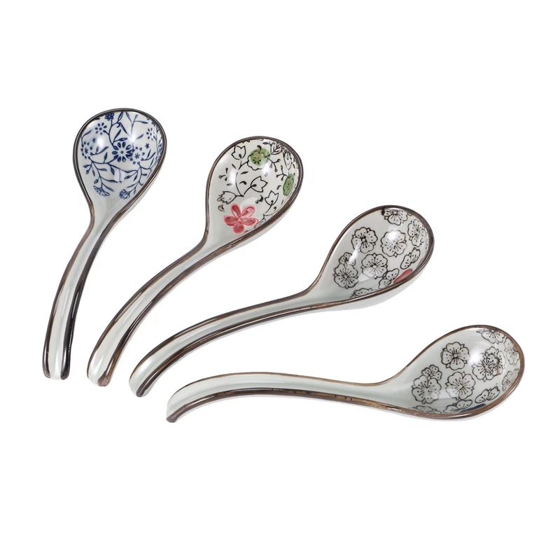 

4 Pieces Asian Retro Chinese Ceramic Rice Spoons Curved Handle Ramen Soup Spoon Painted Flower Spoons With Long Handle