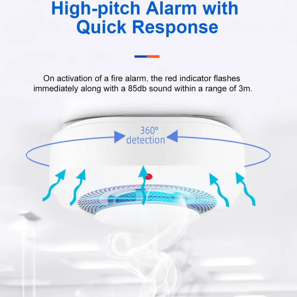 Tuya WiFi เครื่องตรวจจับควันแบตเตอรี่ดําเนินการ Loud ALARM ปุ่มทดสอบบ้านห้องนอนเพดานความปลอดภัยผ่าน Smart Life APP SMOKE ALARM 1