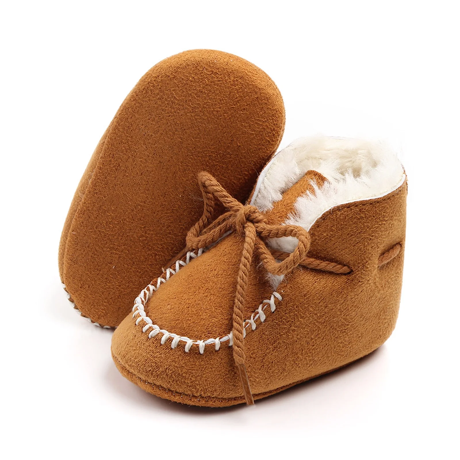 Newborn Baby Winter Thicken Lining Boots Tie-Up Adjustable Drawstring Non-Slip Sole Plain Warm Thermal Early Walkers Shoes