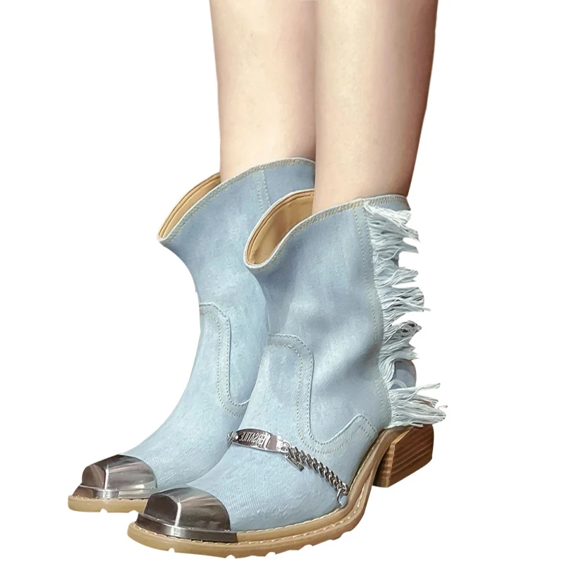 2022 New Niche Fashion Short Boots Women's Metal Square Toe Cowboy