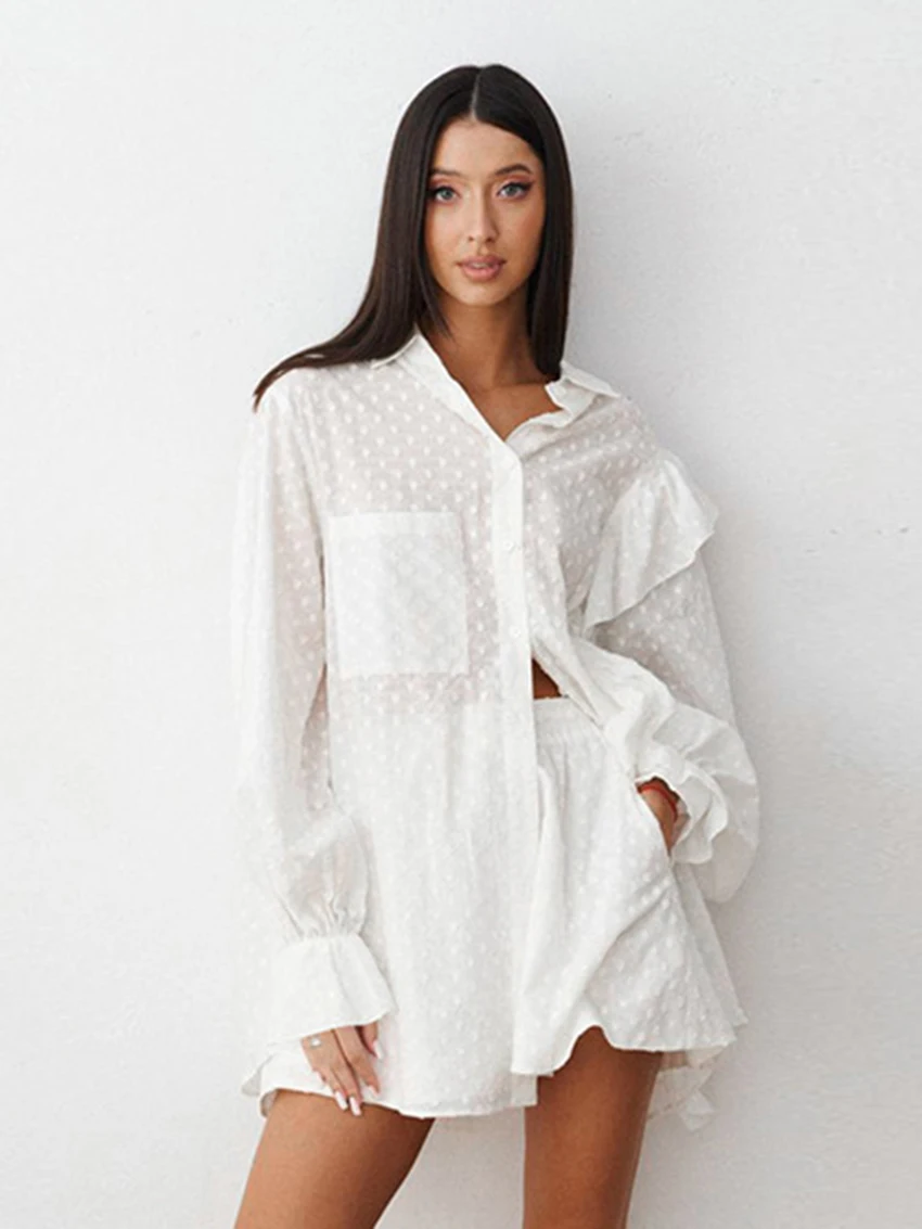 Mathaqiqi Loose Women Nightgowns Set Long Sleeve Sleepwear Turn-Down Collar Nightwear Shorts Casual Ladies Pajamas 2 Piece Suits