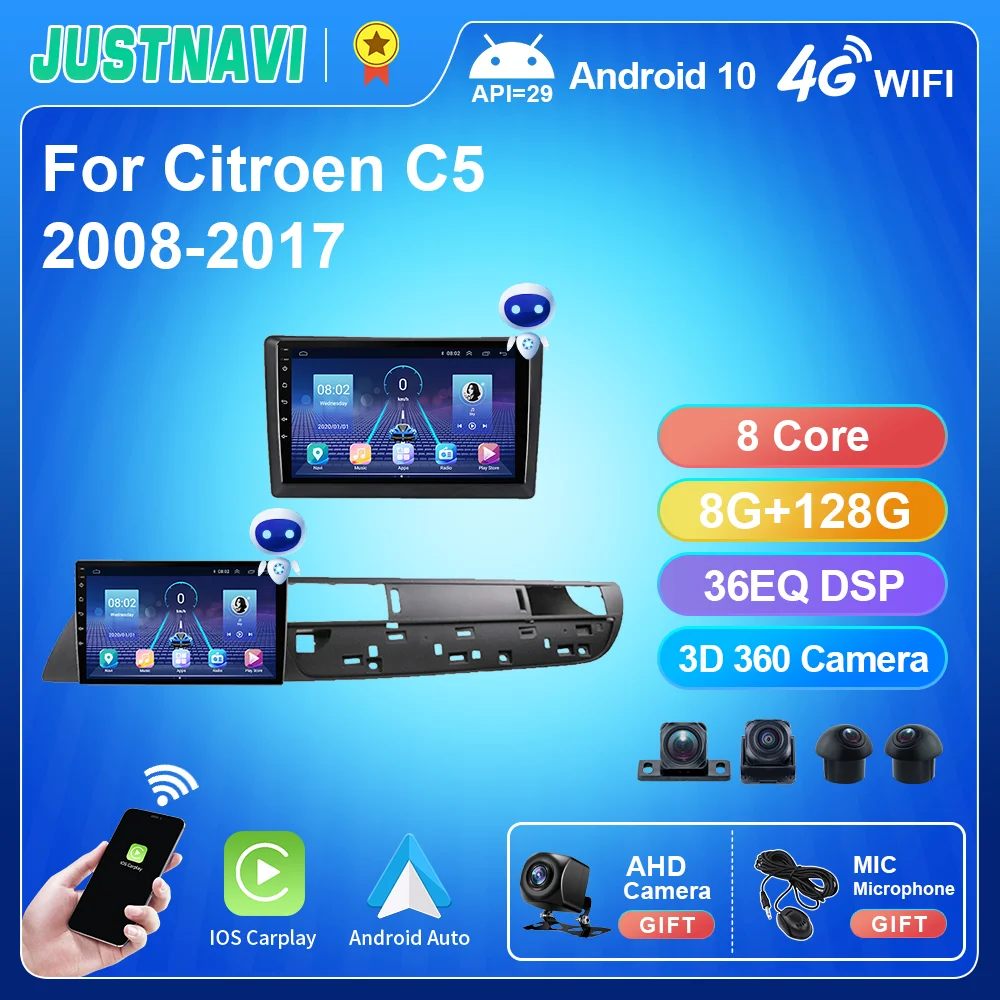 JUSTNAVI Car Radio for Citroen C5 2008-2017 2din Autoradio Stereo  Multimedia Video Player Navigation Carplay Android10 Head Unit