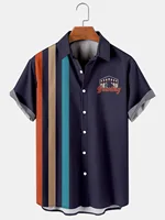 Hawaiian Men's Short Sleeved Shirt, Casual Stripe Printed National Style, Retro, Lapel, Open Button, Beach Top 1