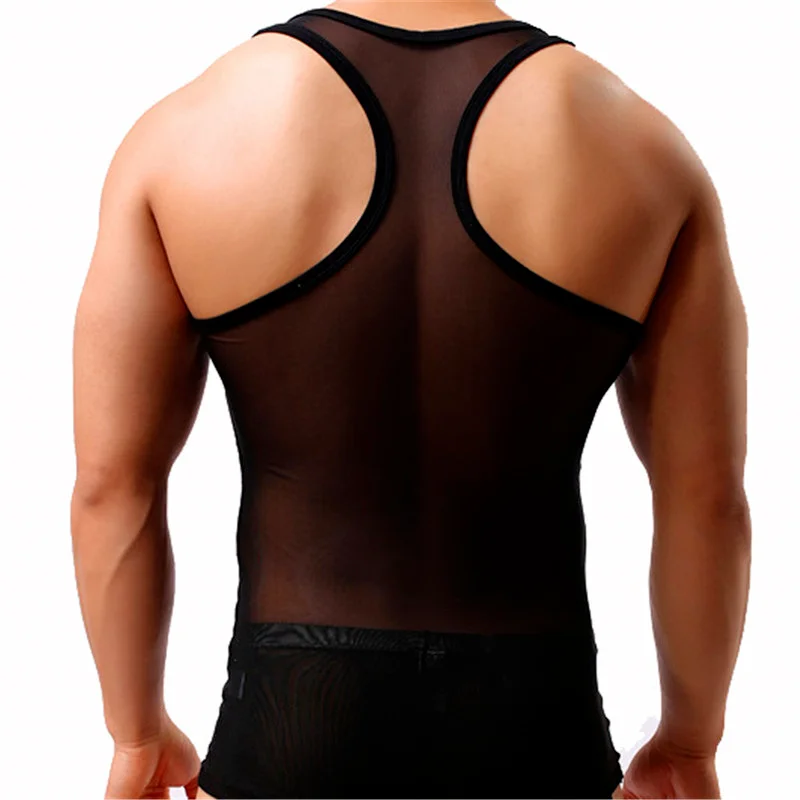 Sexy Mens Undershirts Mesh See Through Sleeveless T-shirts Slim Fitness Gym Tank Tops Sport Vests Male Underwear Sheer Pajamas