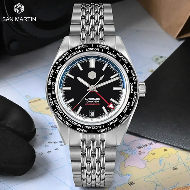 

San Martin Top Brand Japan Movement NH34 GMT 39.5mm Original Design Men Automatic Mechanical Travelers Watches Waterproof 10Bar