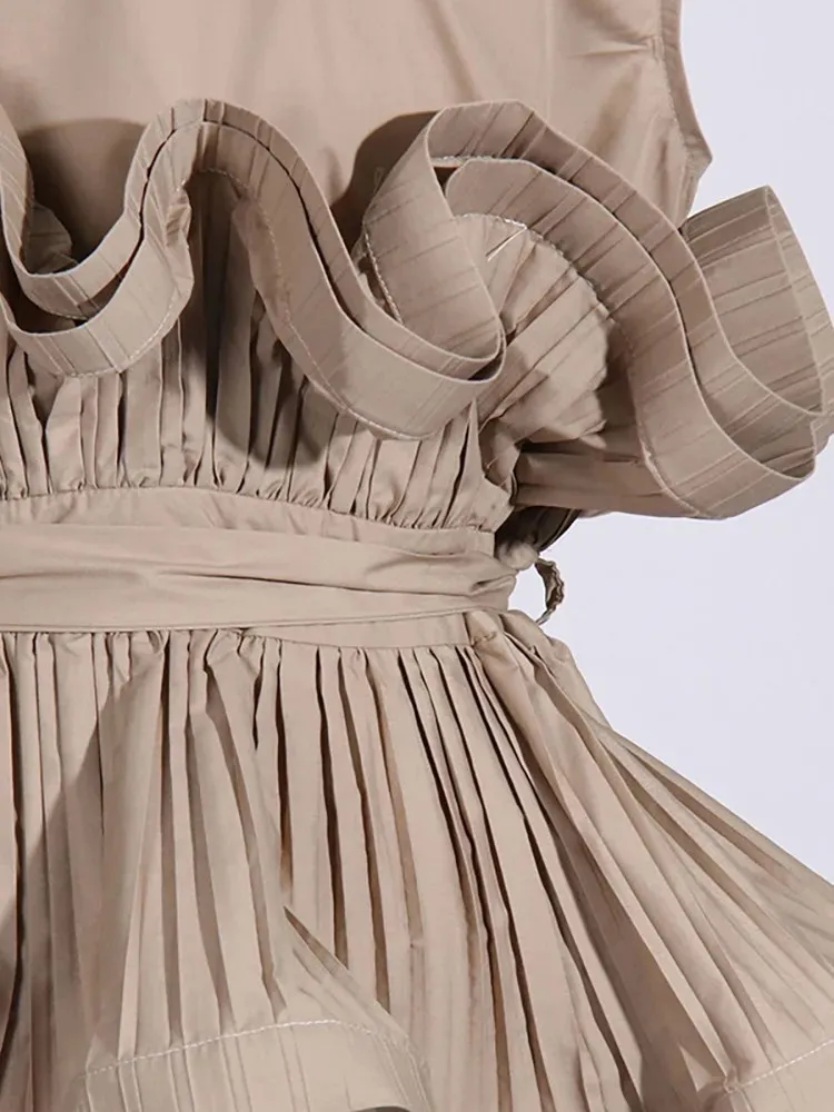 ONEINALL solid pleated shirts for women lapel sleeveless off shoulder tunic patchwork ruffles summer vintage blouse female new