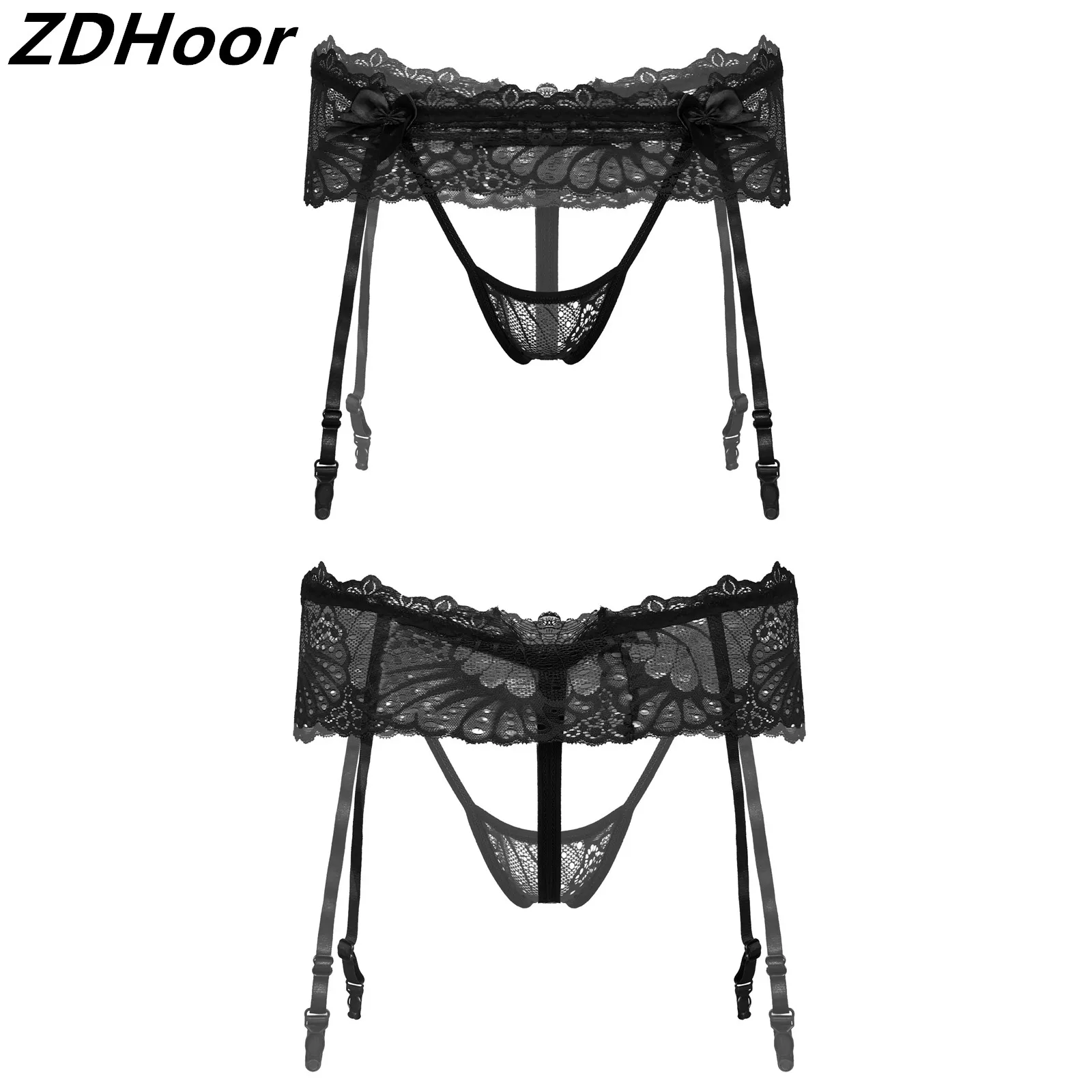 

Men Lace Sissy Garter Belt G-String Briefs Skirted Thongs Bowknot Elastic Waistband Crotchless T-Back Adjustable Underwear