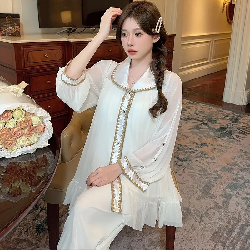 French Pajamas Women Long Sleeve Net Gauze Thin Home Wear Spring Lace Cardigan Princess Wind with Chest Pad Hollow Set Pajamas