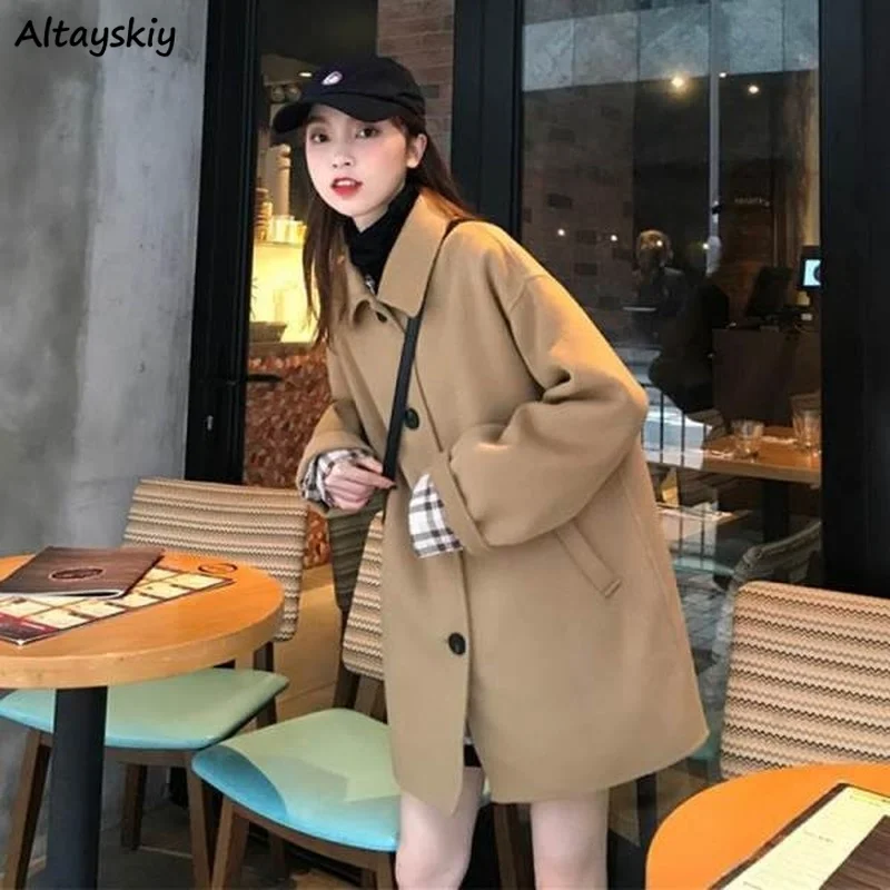 Wool Blends Coats Women Loose Winter Students Solid Simple All-match Warm Soft Casual Trendy Chic Fall Clothes for  Ins