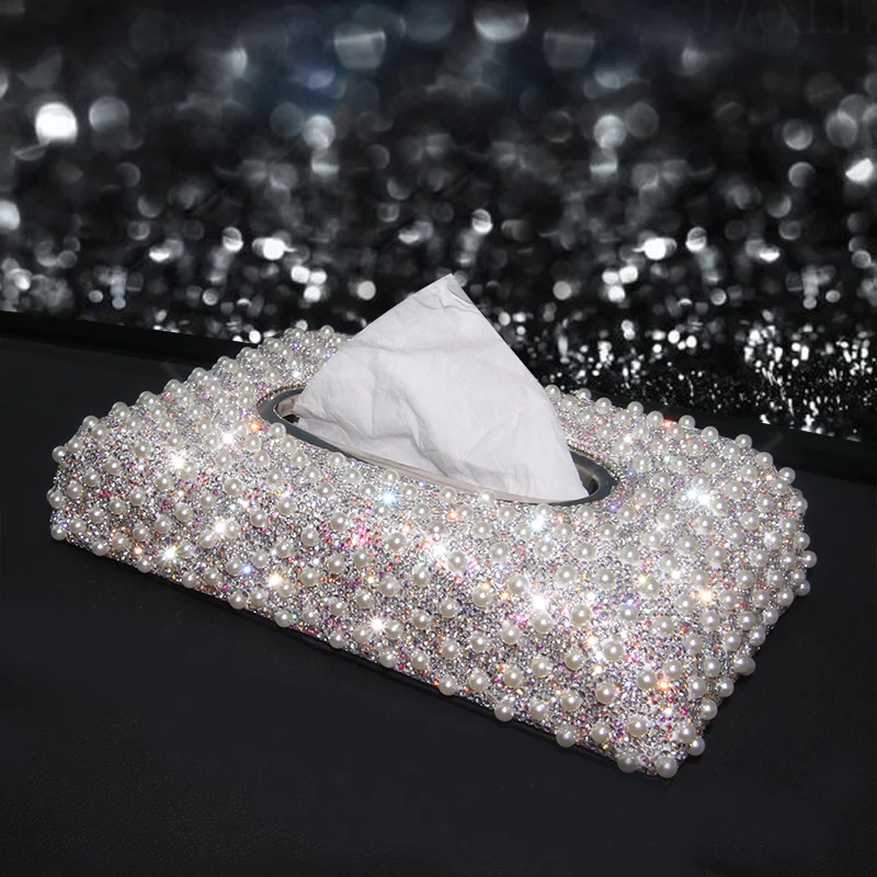 Luxury Car Tissue Box Pearls Diamond Seat Type Tissue Holder Sparkling Napkin Holder Bling Paper Cover Case  거실 수납장  블랙박스 3